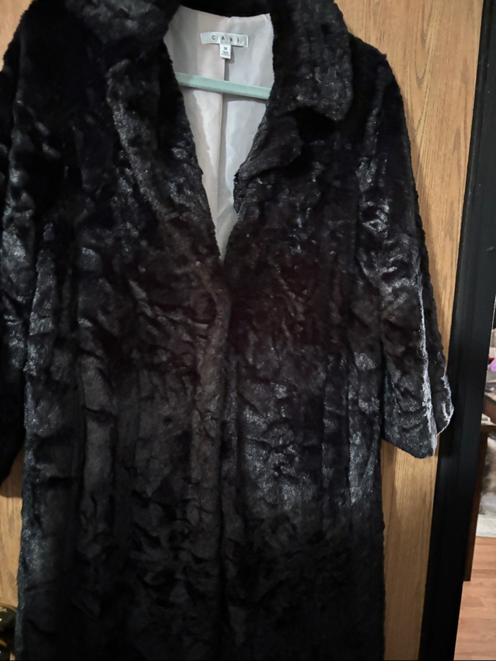 CAbi Black Faux Fur Robe Coat with Wide Collar